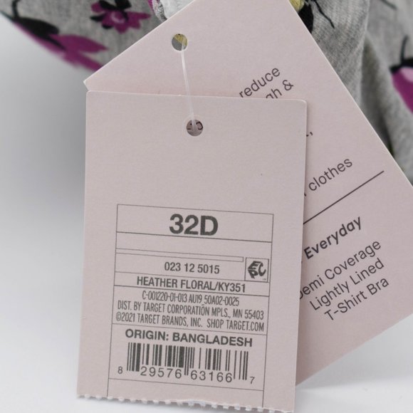 Auden Floral Print Gray Everyday Cotton Demi Lightly Lined T-Shirt Bra - Picture 7 of 10